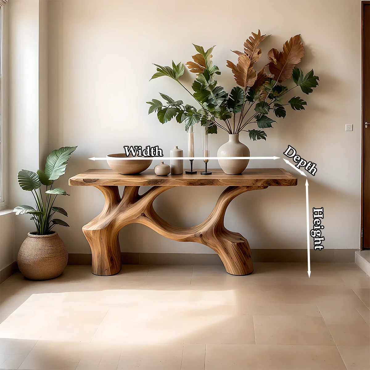 Handcrafted brown wood console table with sculptural form