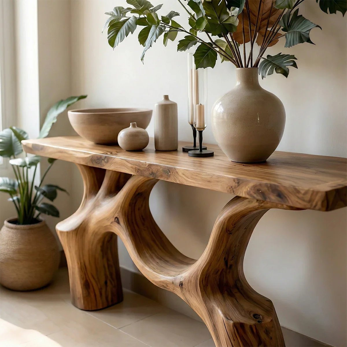 Modern brown wooden console table with organic frame