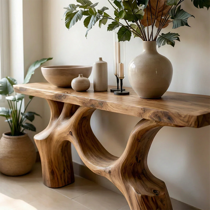 Modern brown wooden console table with organic frame