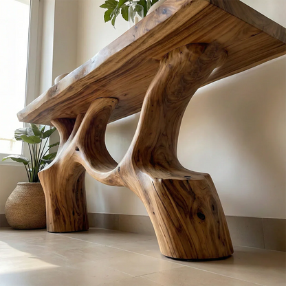Designer brown wood console table with flowing base