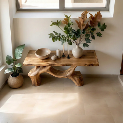 Minimalist brown wood console table with sculpted legs