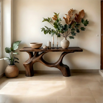 Elegant walnut wooden console table with natural form