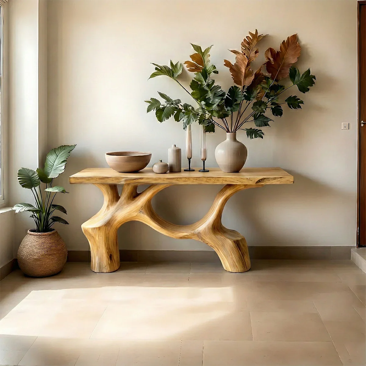 Contemporary oak wood console table with artistic base
