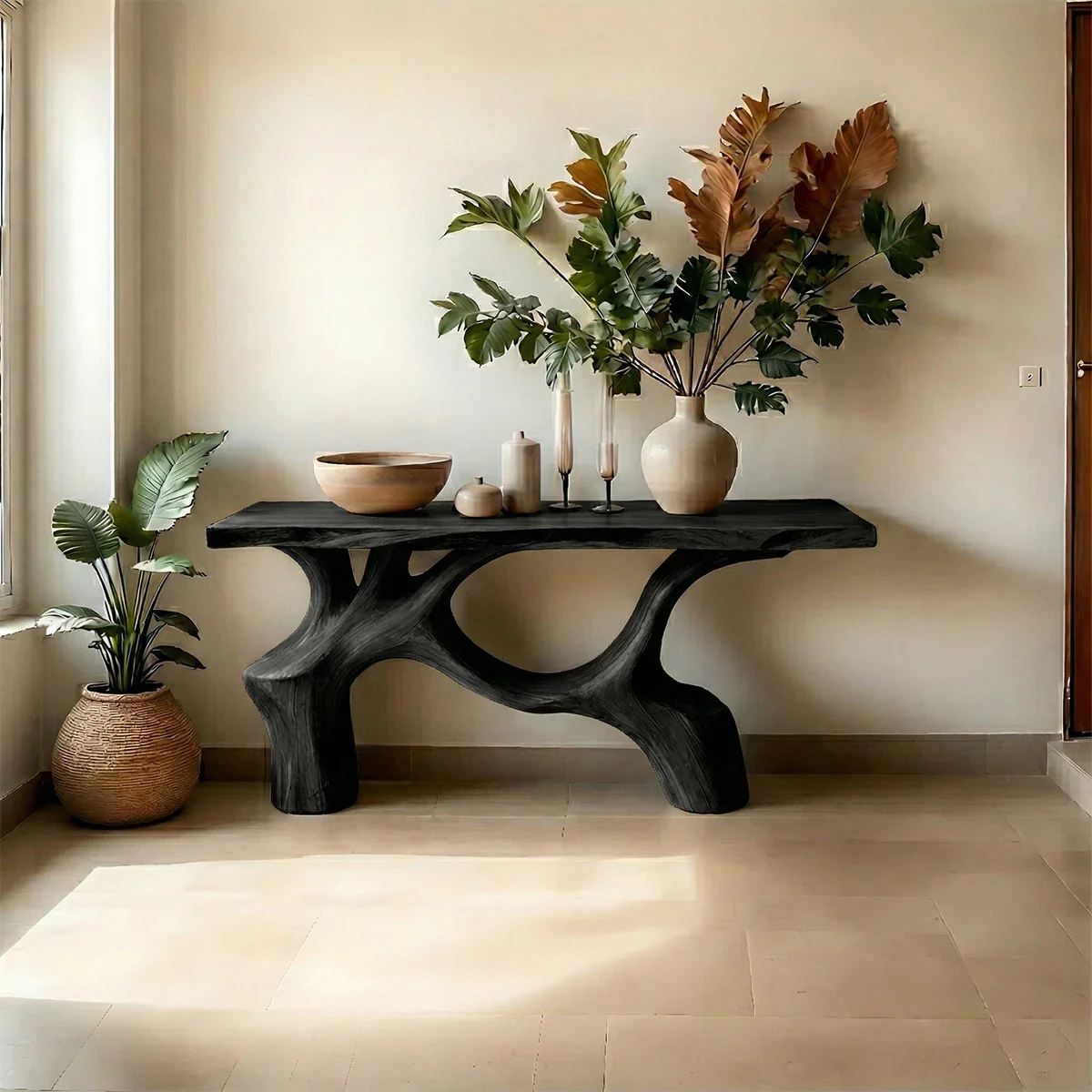 Unique brown wood console table with curved design