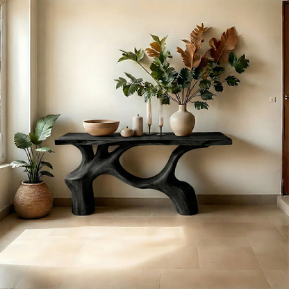 Unique brown wood console table with curved design