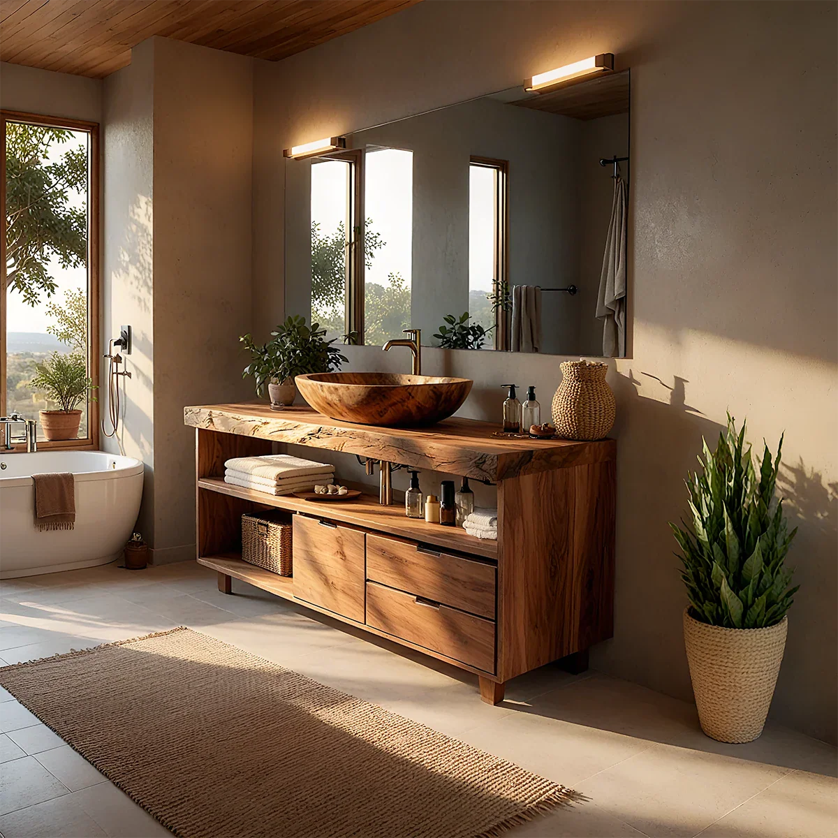 Organic teak bathroom vanity with live edge wood countertop