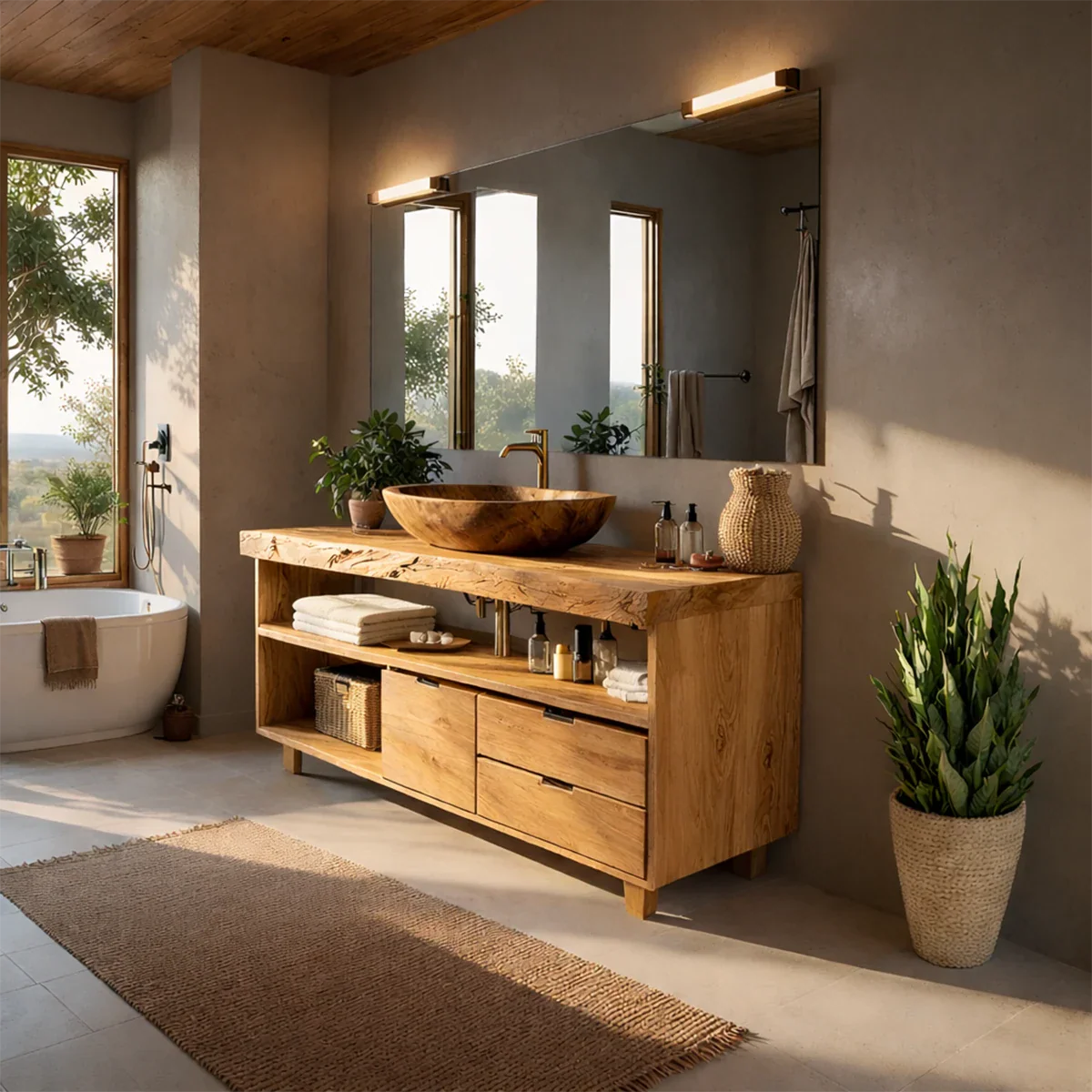 Contemporary teak bathroom vanity with warm wood finish
