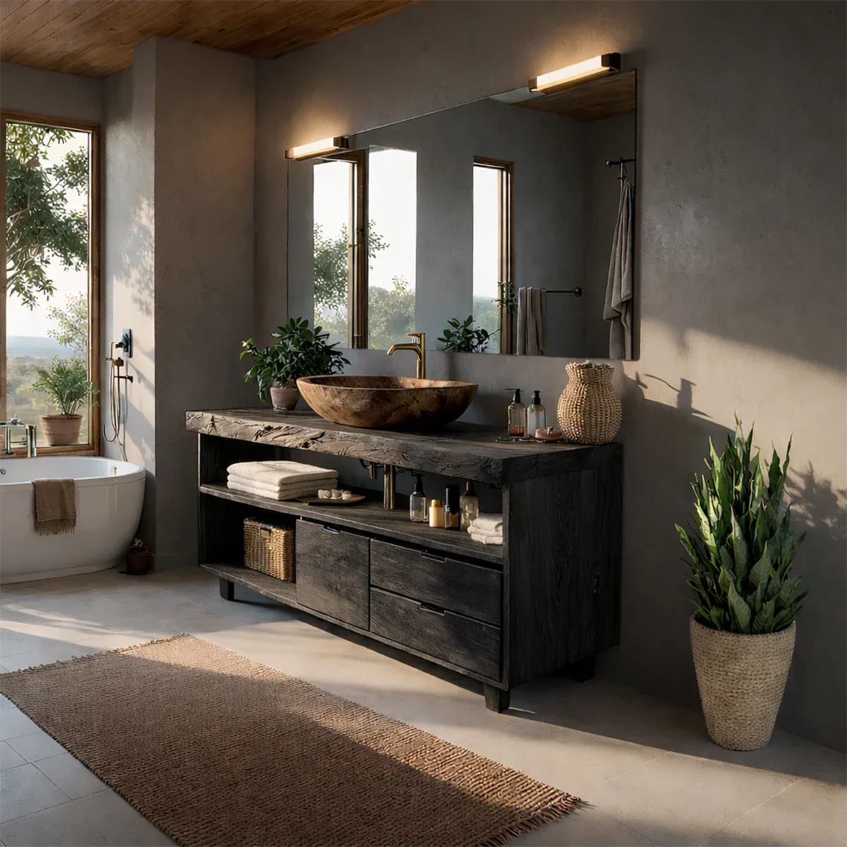 Organic teak bathroom vanity with storage drawers and shelf