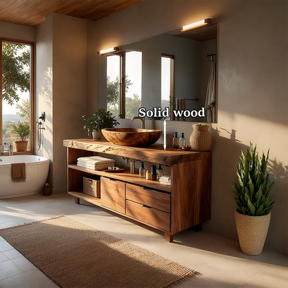 Rustic modern teak bathroom vanity with wood vessel sink