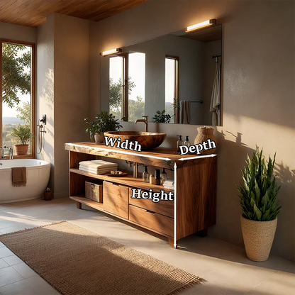 Natural teak bathroom vanity with handcrafted live edge top