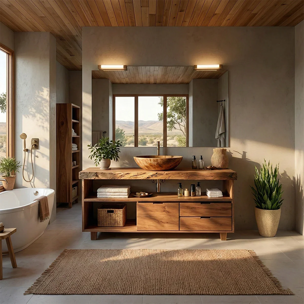 Natural teak bathroom vanity with handcrafted wooden vessel sink