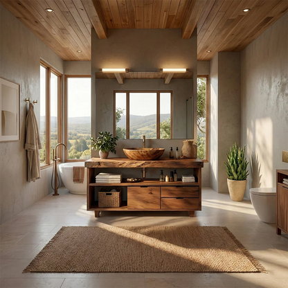 Organic style teak bathroom vanity with open storage shelf