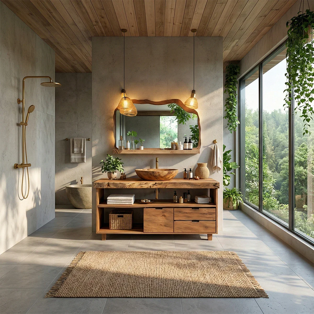 Solid teak bathroom vanity with natural wood grain texture