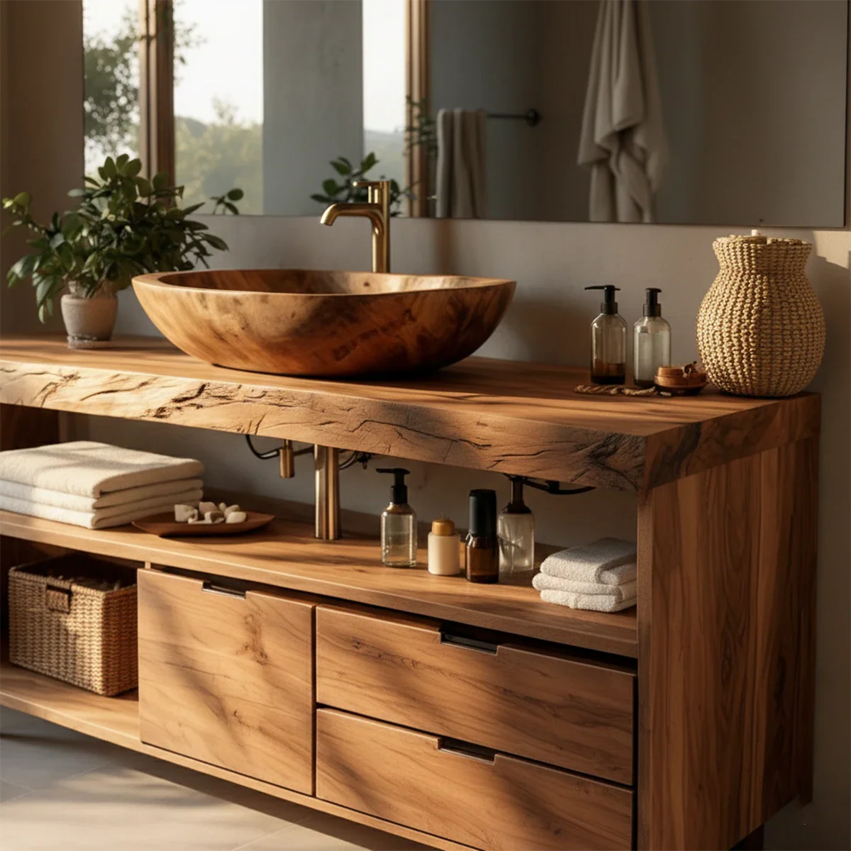 Modern teak bathroom vanity with live edge countertop design