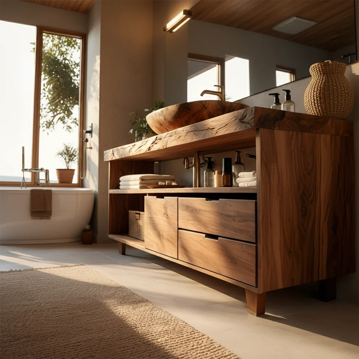 Designer teak bathroom vanity with wooden bowl sink