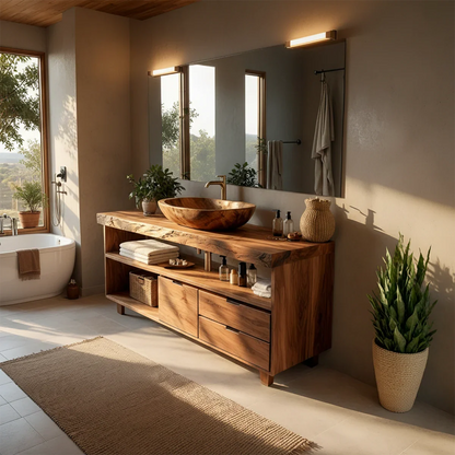 Elegant teak bathroom vanity with open towel storage shelf