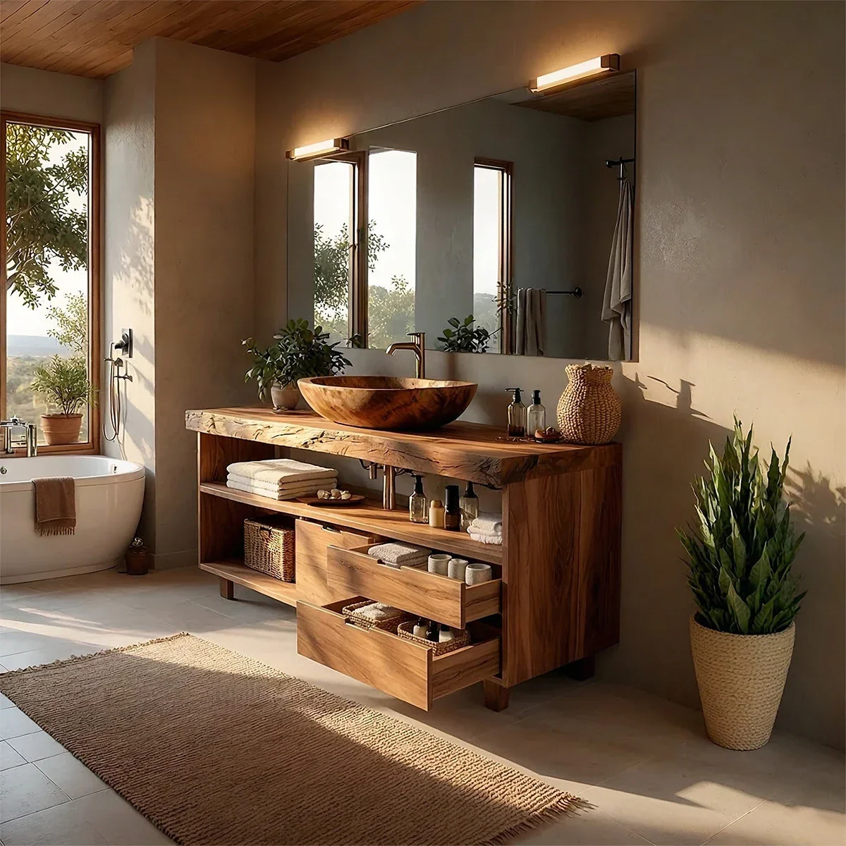 Luxury teak bathroom vanity with organic wood countertop