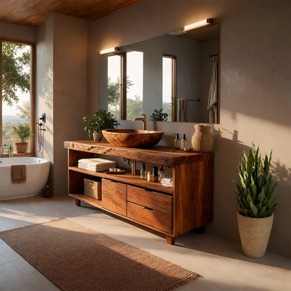Premium teak bathroom vanity with natural wooden vessel basin