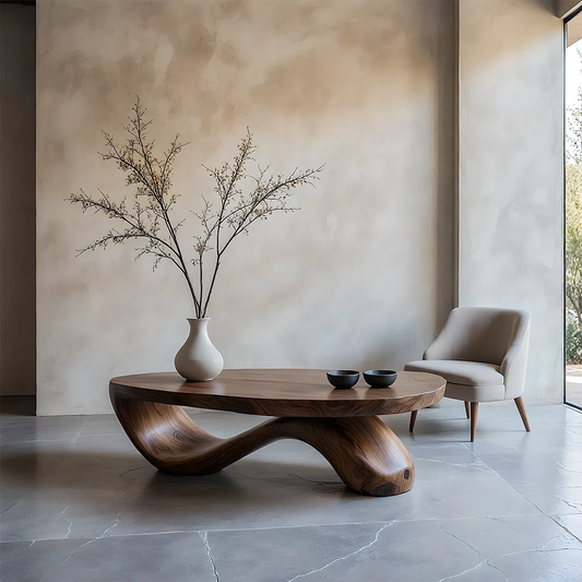 Walnut coffee table with sculptural curved base and smooth organic form in a minimal modern living space
