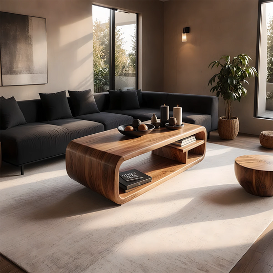Coffee table in walnut color finish with flowing base design and rounded top in a bright contemporary interior