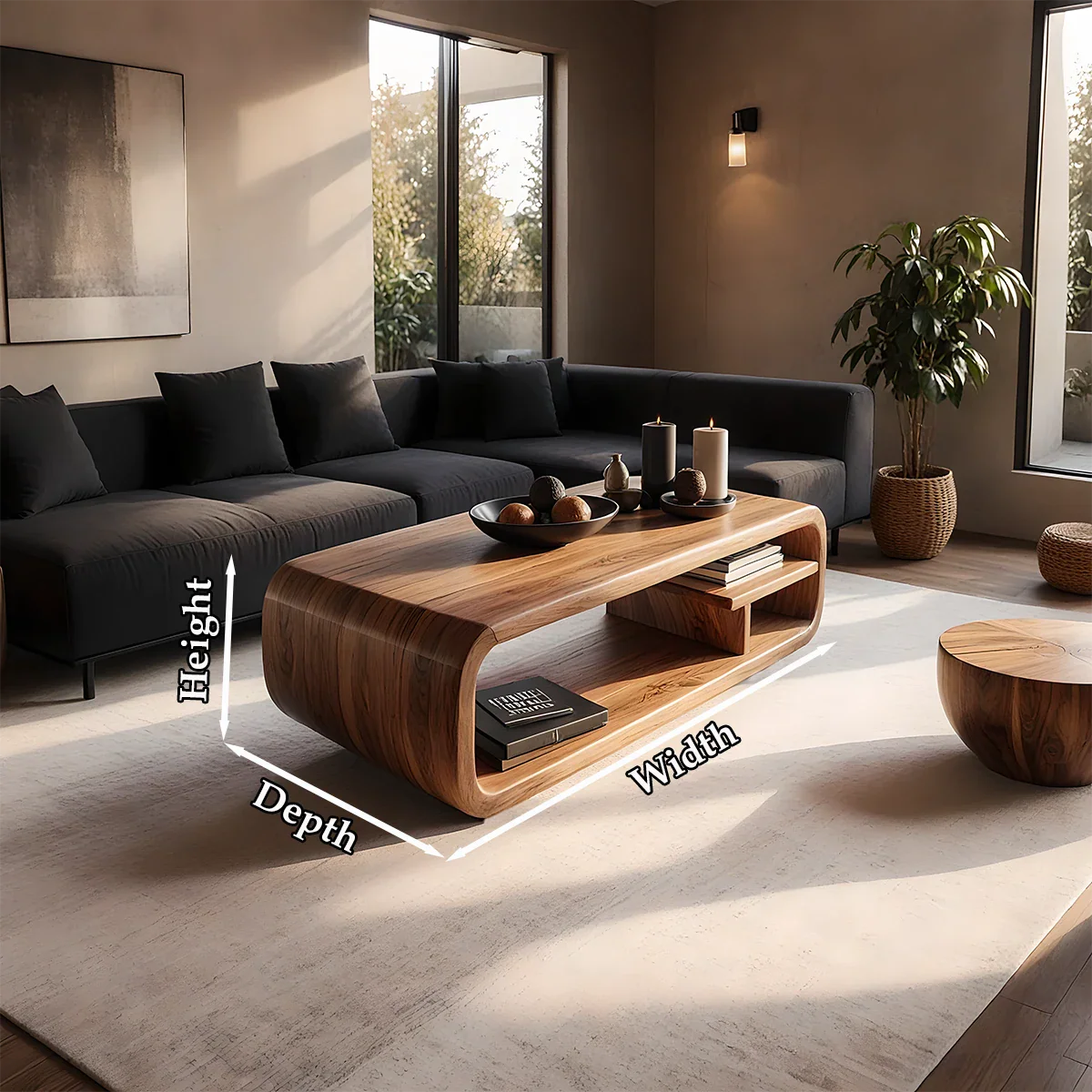 Coffee table with walnut color finish and curved base form in a soft neutral and modern living room