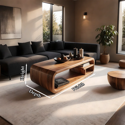 Coffee table with walnut color finish and curved base form in a soft neutral and modern living room