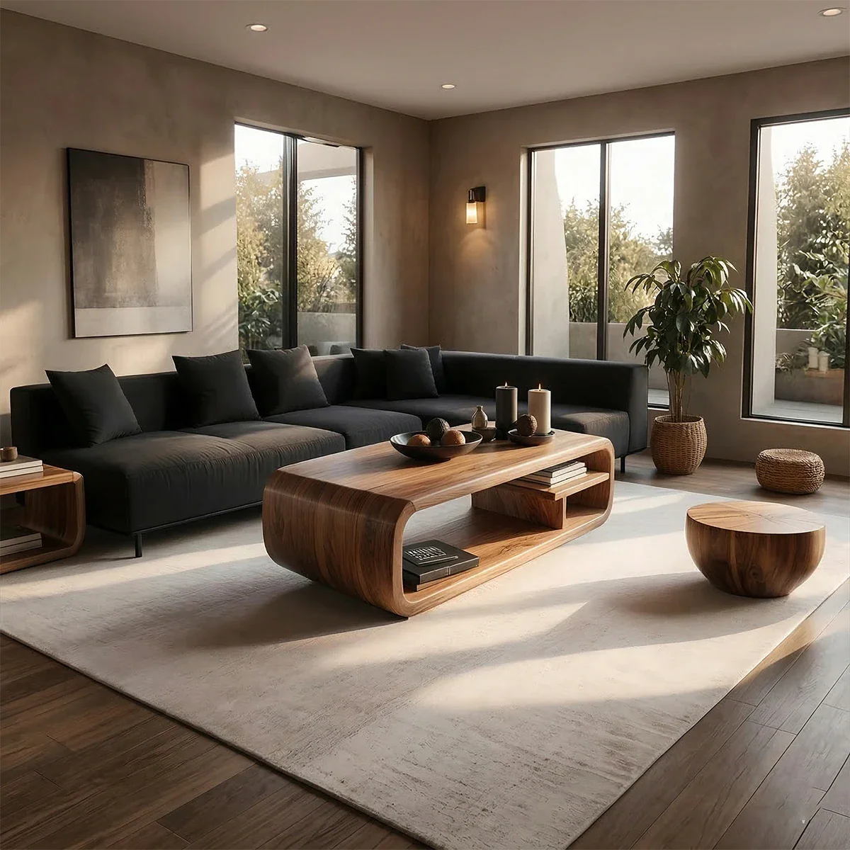 Walnut finish coffee table with sculptural curved base and smooth surface in a modern minimalist living space