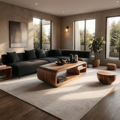 Walnut finish coffee table with sculptural curved base and smooth surface in a modern minimalist living space
