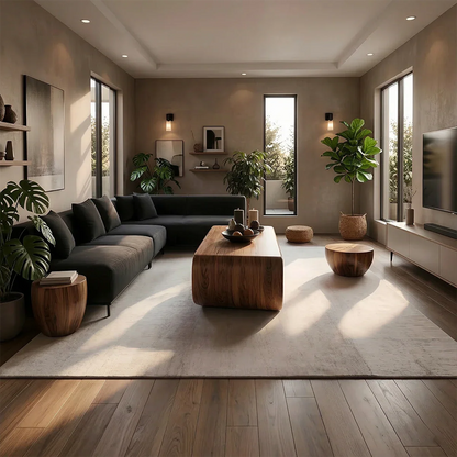Modern coffee table with walnut finish and sculptural base form in a clean and calm living room setting
