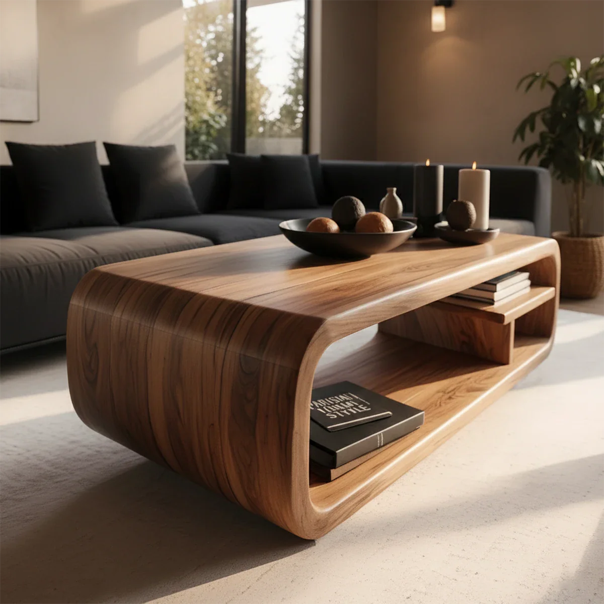 Walnut color coffee table with curved base structure and seamless top in a soft neutral home interior