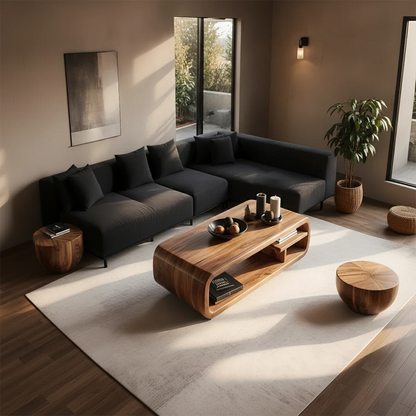 Walnut color coffee table with curved base structure and seamless top in a soft neutral home interior