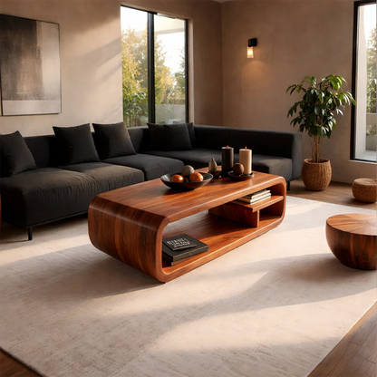 Contemporary coffee table in brown finish with sculptural base and natural tone in a refined interior setting