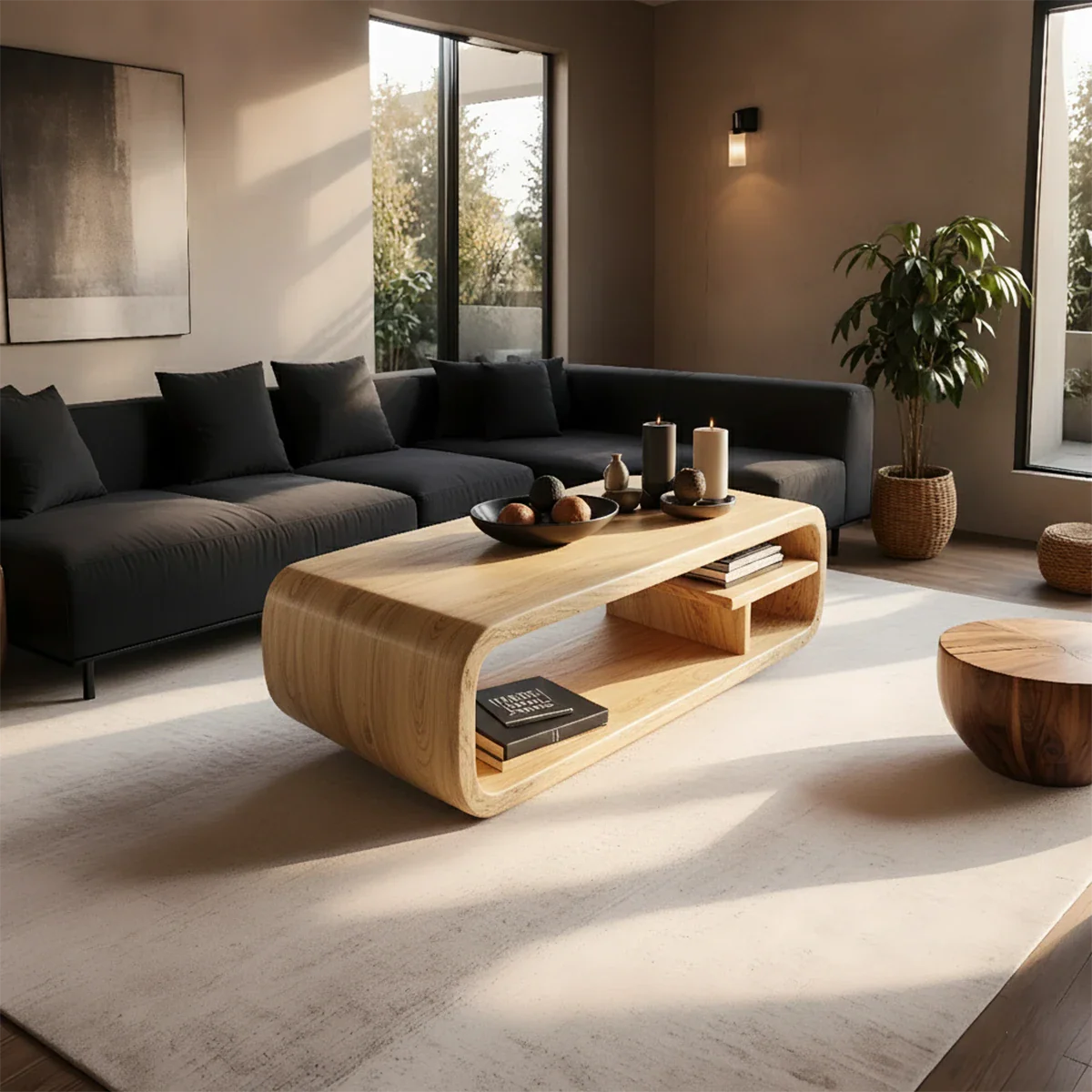 Oak finish coffee table with fluid base shape and thick top surface in a minimalist styled living room