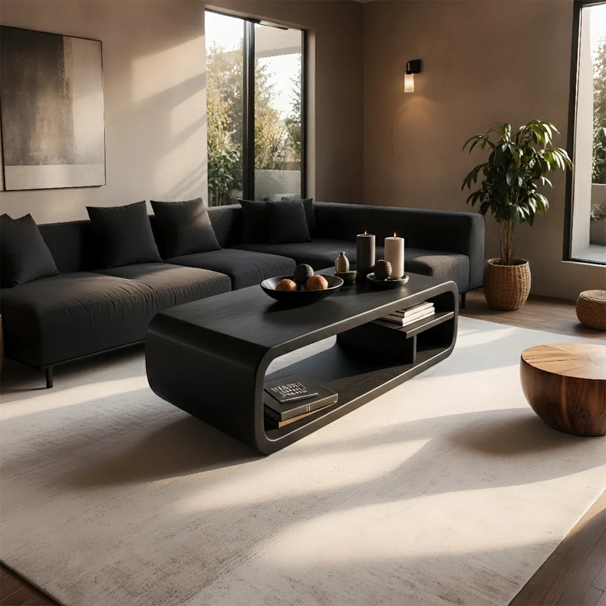 Coffee table in black color with artistic base design and smooth rounded edges in a bright modern space