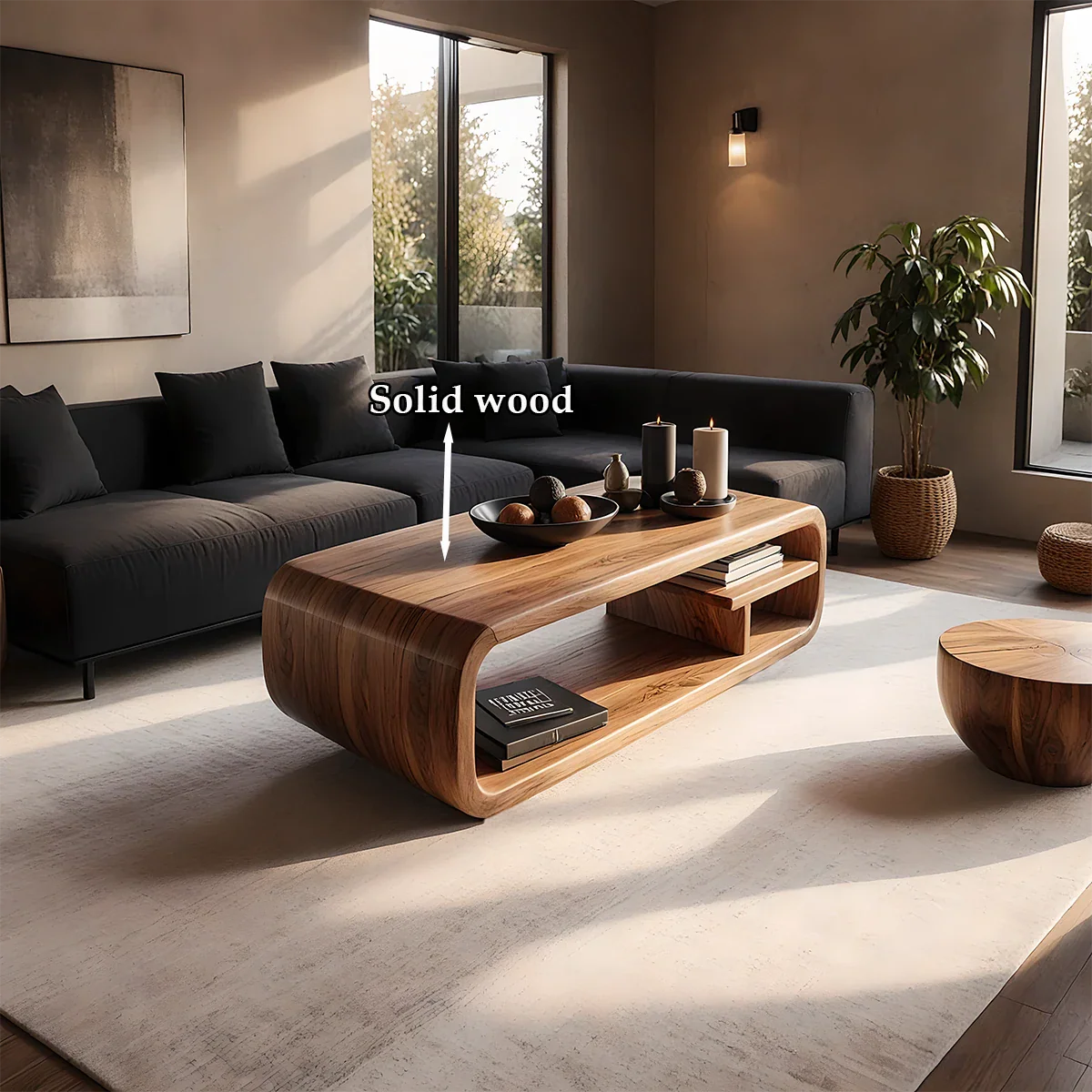 Walnut finish coffee table with organic silhouette and sculptural base in a clean contemporary environment