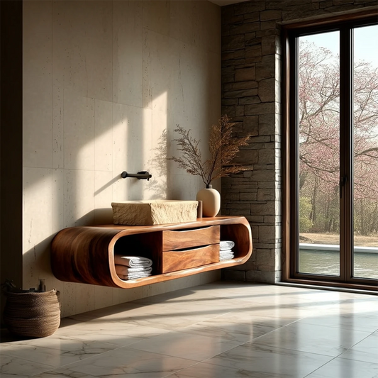 Organic walnut floating bathroom vanity with rounded frame