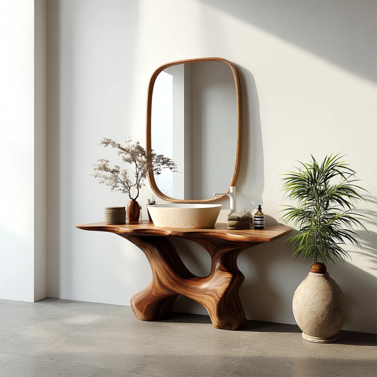 Organic walnut wood bathroom vanity with sculptural base