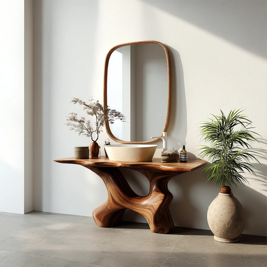 Organic walnut wood bathroom vanity with sculptural base