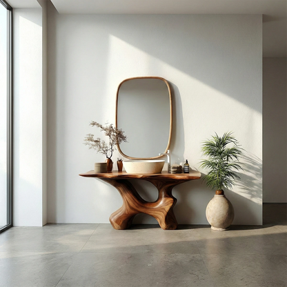Sculptural walnut wood vanity table for modern bathroom