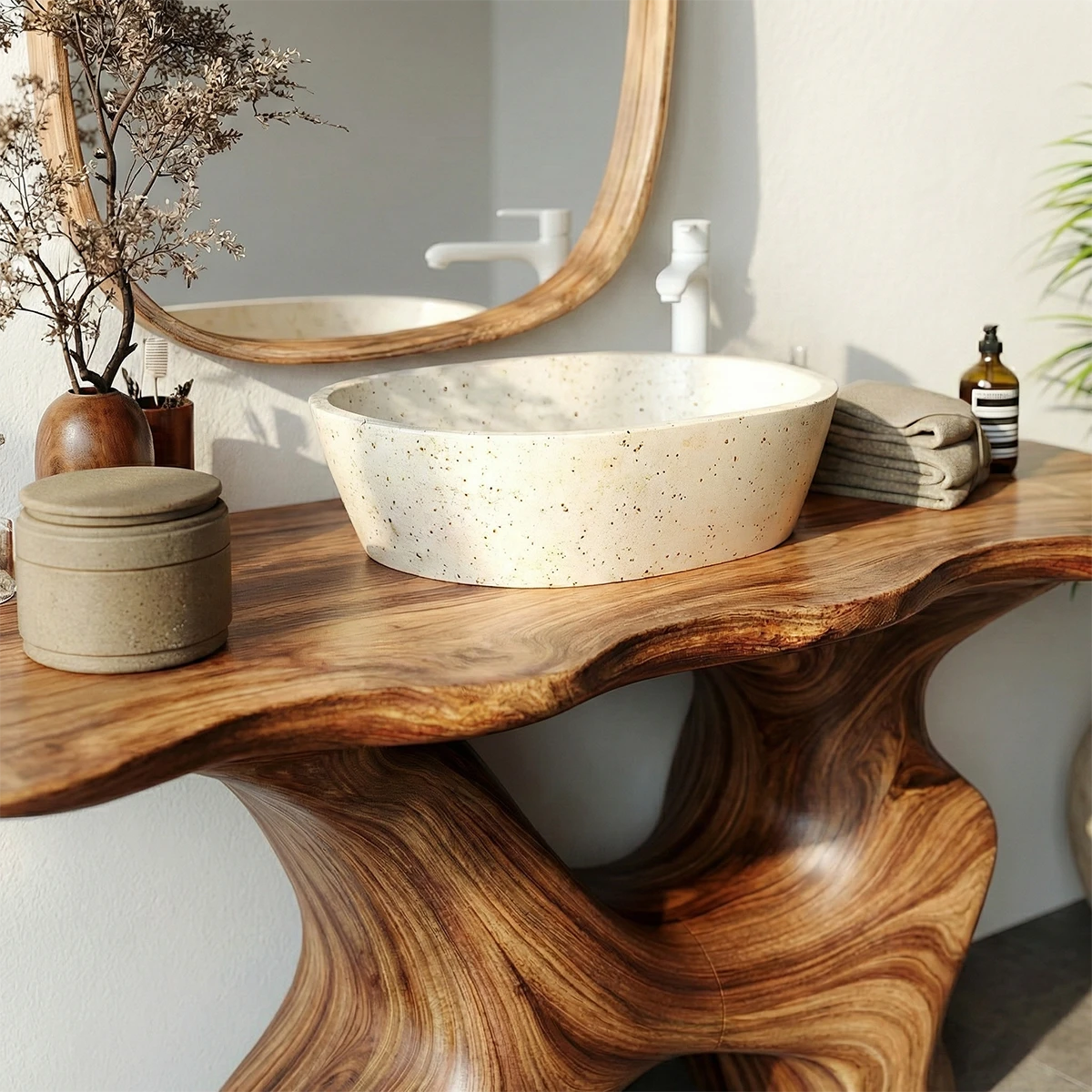 Luxury walnut bathroom vanity with organic wood base