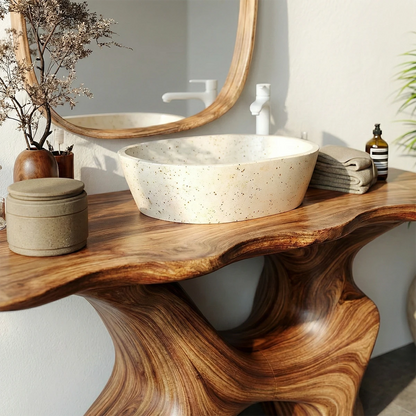 Luxury walnut bathroom vanity with organic wood base