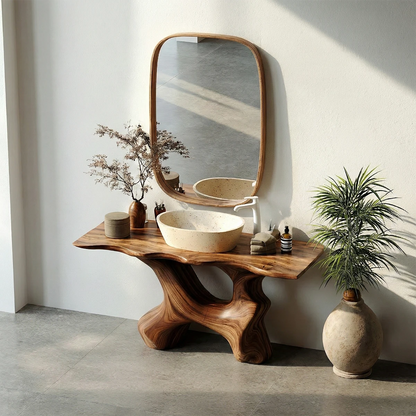 Modern organic walnut vanity with natural wood texture