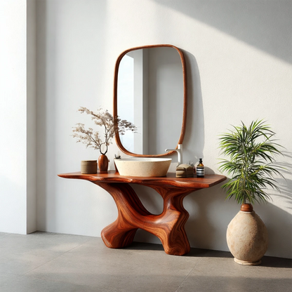 Contemporary walnut bathroom vanity with curved base