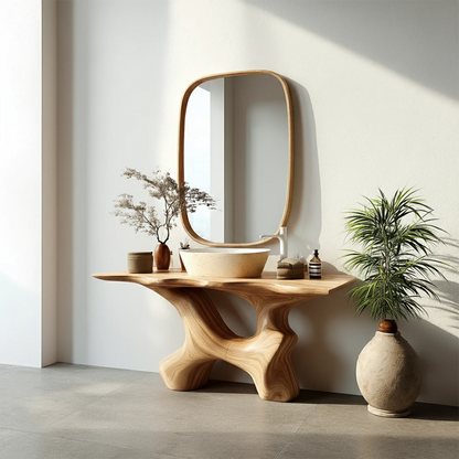 Artistic walnut wood vanity table for minimalist bathroom
