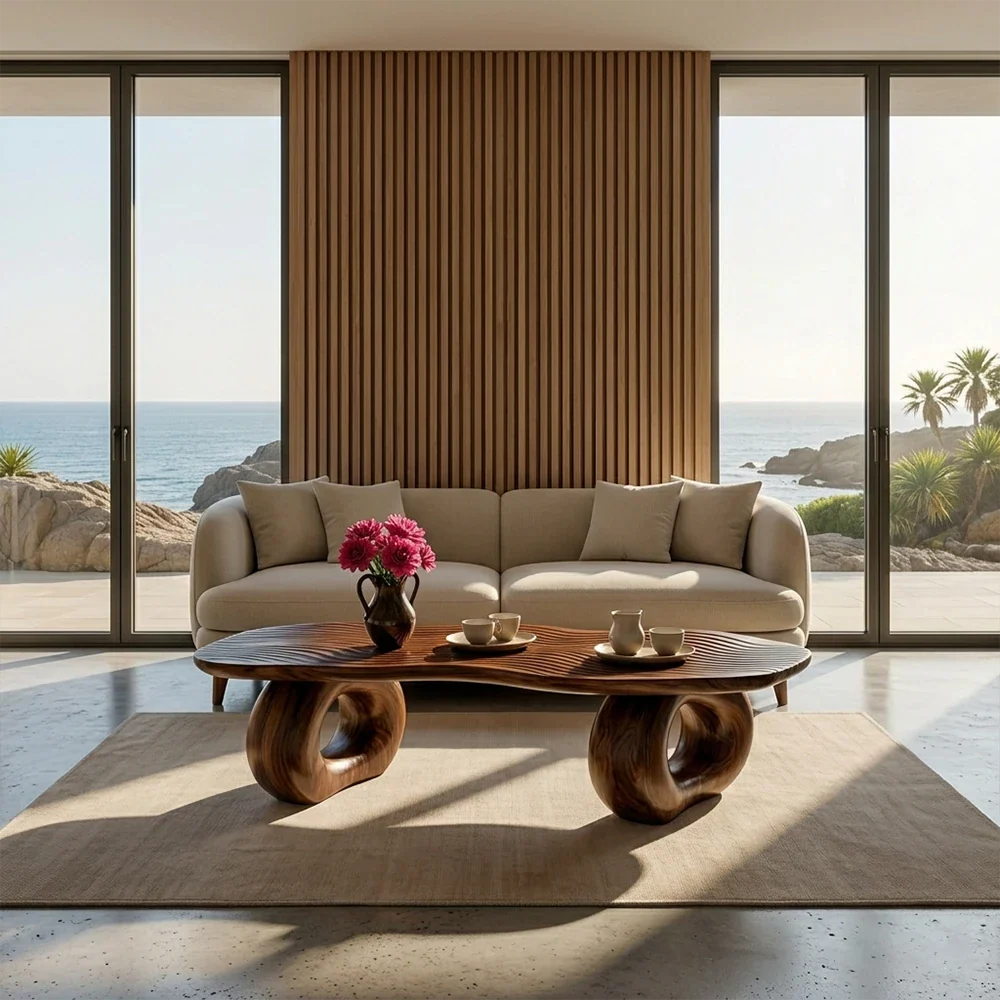 Modern living room with a beige sofa, wooden coffee table, and ocean view.