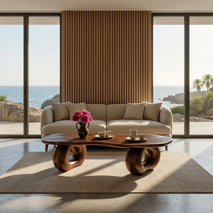 Modern living room with a beige sofa, wooden coffee table, and ocean view.
