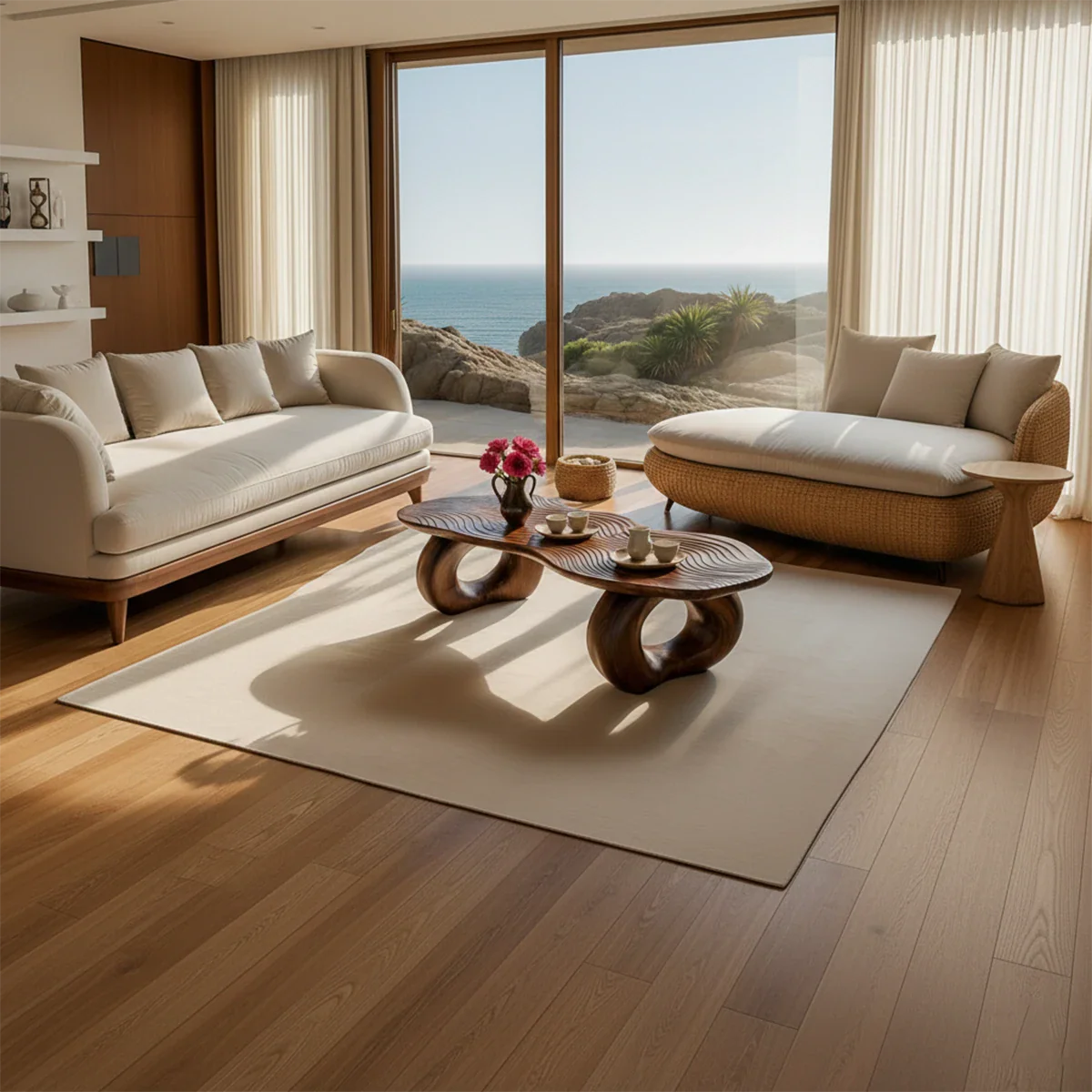 Sculptural coffee table featuring flowing wave surface and curved base for contemporary spaces