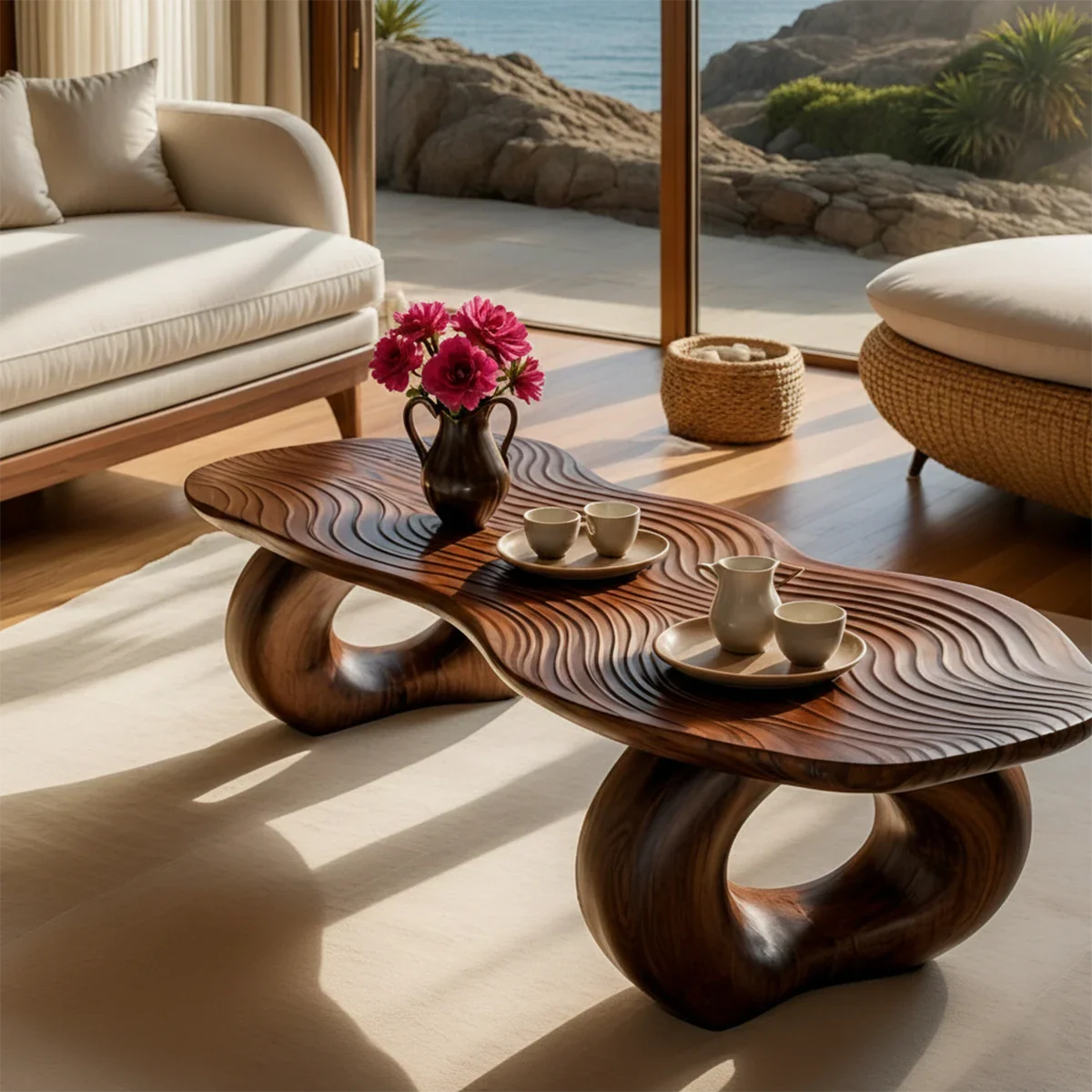 Modern coffee table with textured top design and artistic curved base for stylish interiors