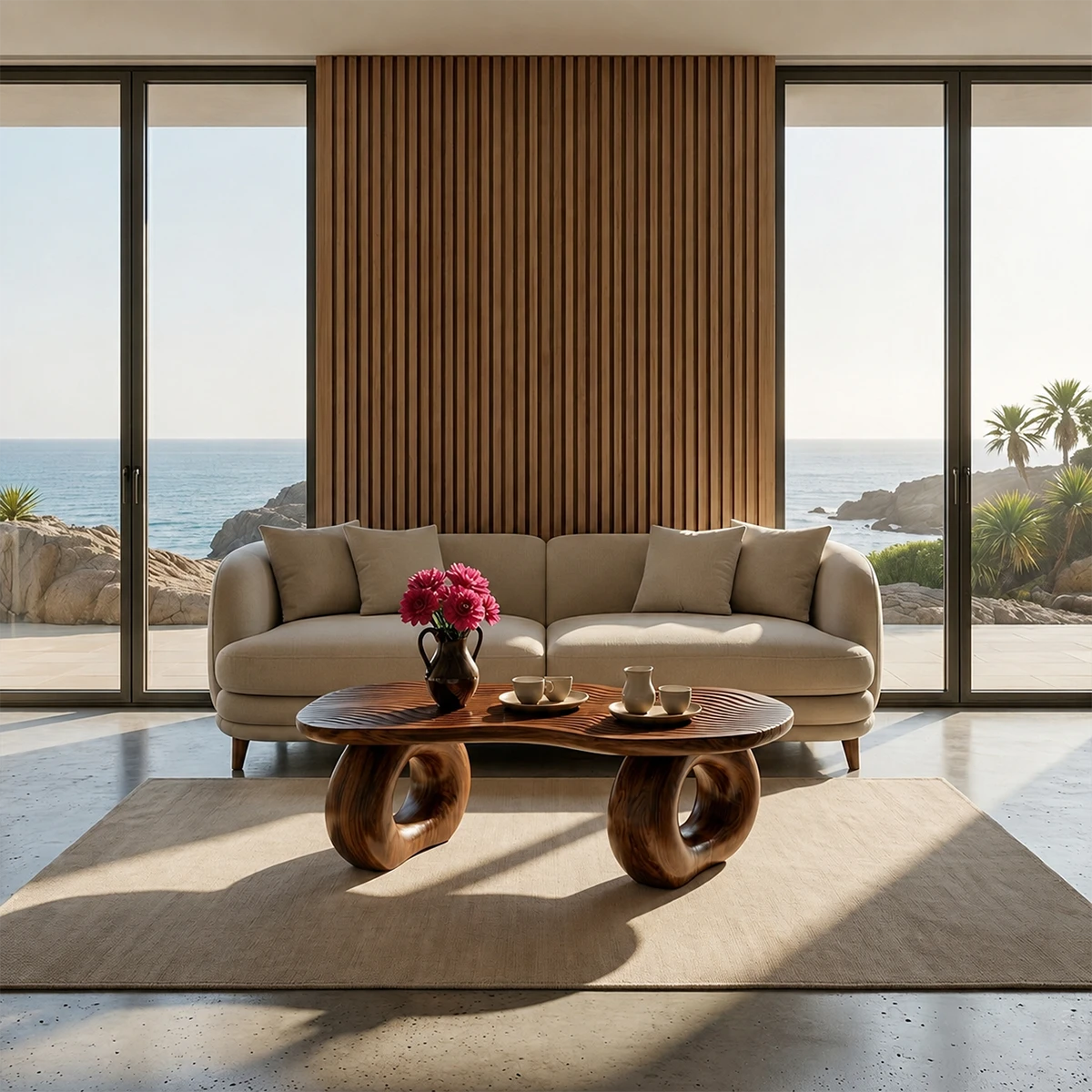 Sculptural Coffee Table with Carved Wood Surface – Artistic Center Table for Living Room