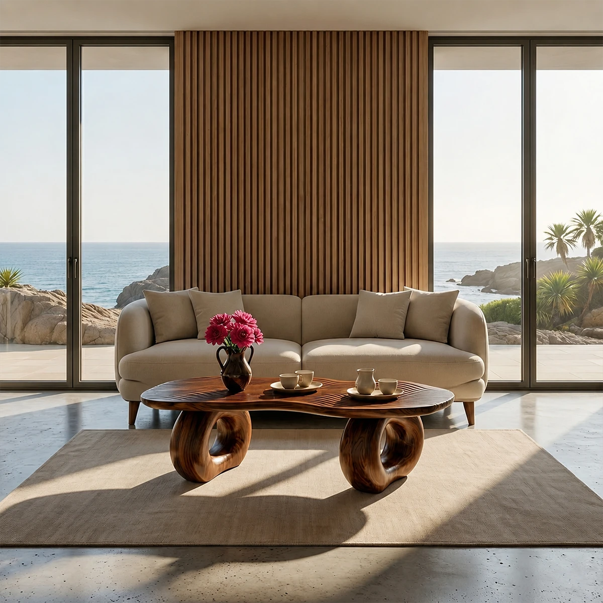 Sculptural Coffee Table with Carved Wood Surface – Artistic Center Table for Living Room